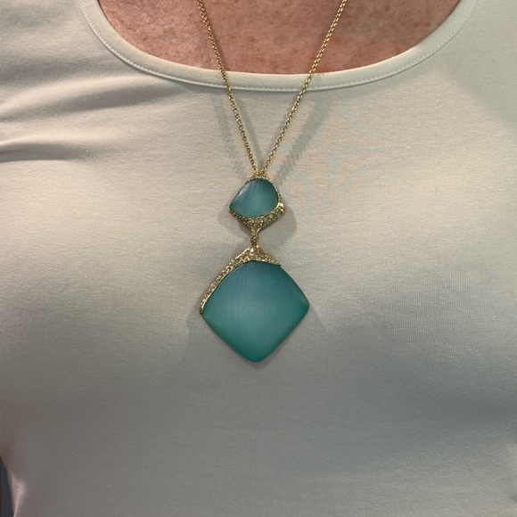 Alexis Bittar Aqua Lucite, Crystal, and Gold Tone two stone Necklace - Picture 5 of 5